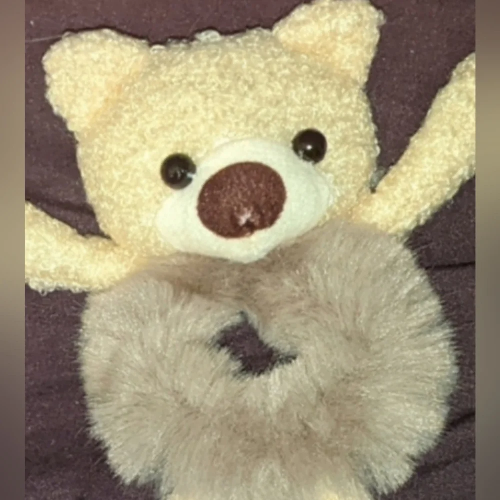 Teddy Bear w Fur belly Hair Scrunchie - Khaki